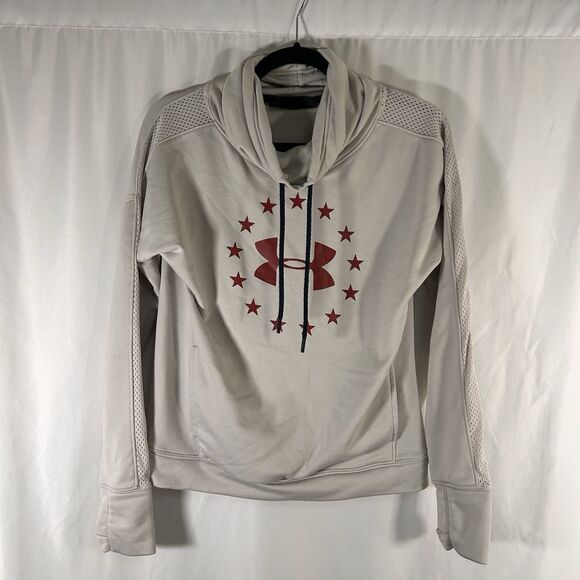 Under Armour Sweater Women's Small Beige Mock Neck Drawstring USA Pullover - Picture 1 of 8